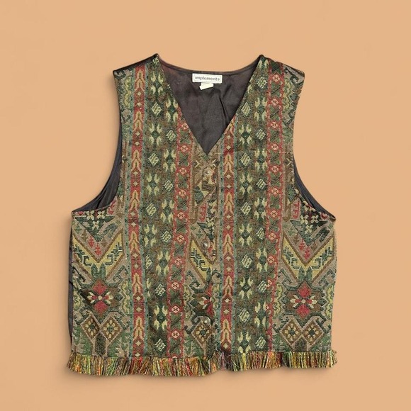 Implements Jackets & Blazers - Vintage Implements Tapestry Vest Medium Multi Kilim Boho Fringe Whimsygoth